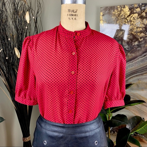 VINTAGE Givenchy Sheer Red Black Polka Dot Top Puff Sleeve Shoulder Blouse Shirt - Picture 2 of 9